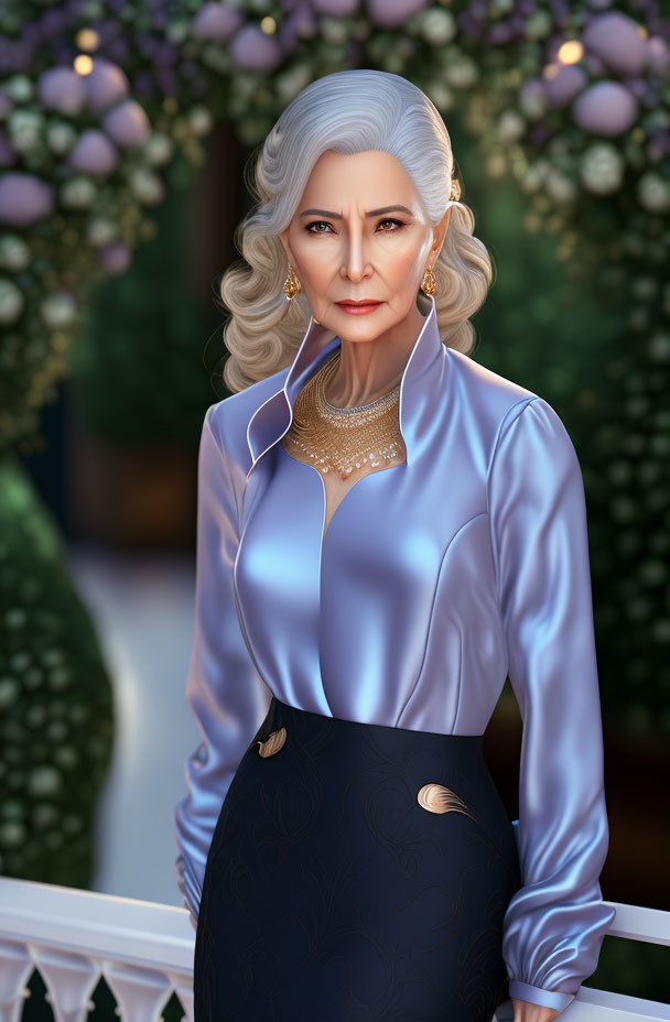 Stylish older woman with white hair in elegant garden setting