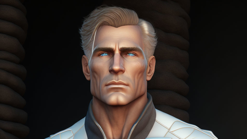 Stern-looking male figure with blond hair in 3D render