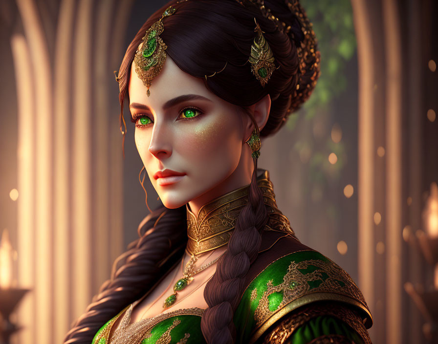 Digital artwork: Woman in green and gold attire with braided hair and green eyes in warm-lit