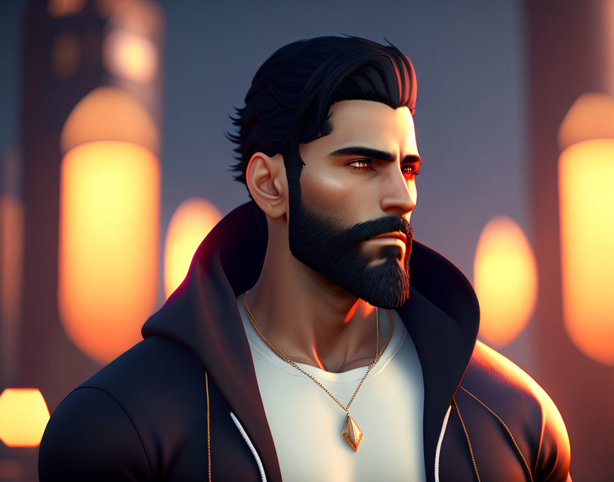 Man with Black Beard in Jacket & Necklace in 3D Render