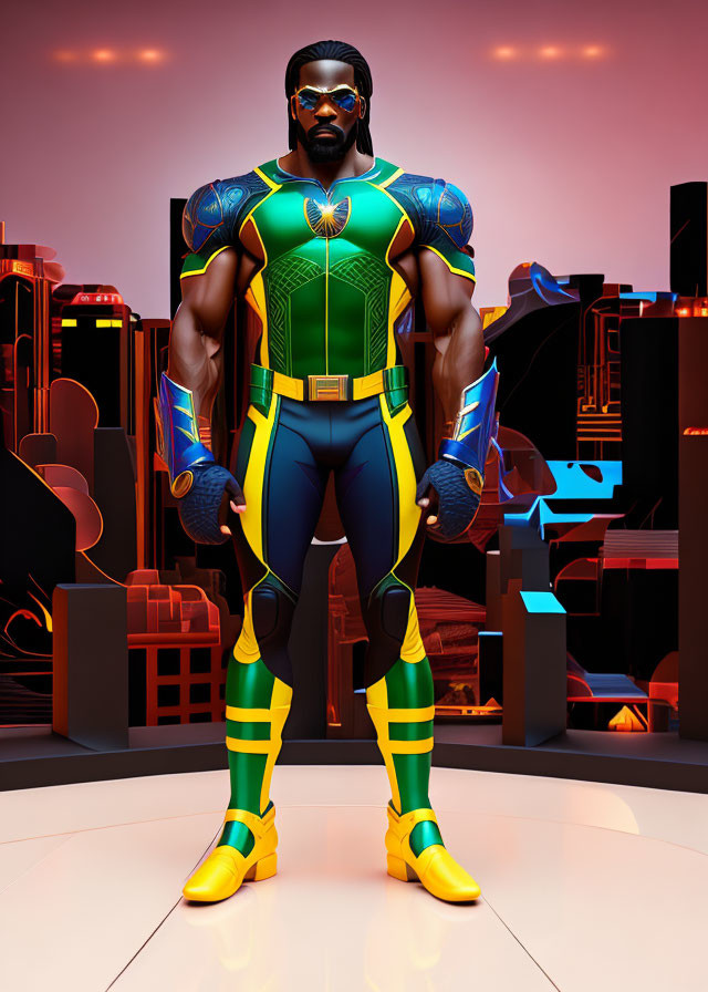 Muscular animated superhero in green, gold, and blue suit in futuristic cityscape