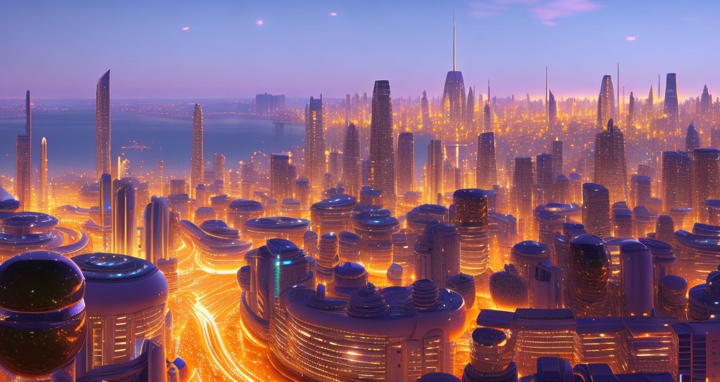 Futuristic twilight cityscape with golden lights and glowing traffic streams