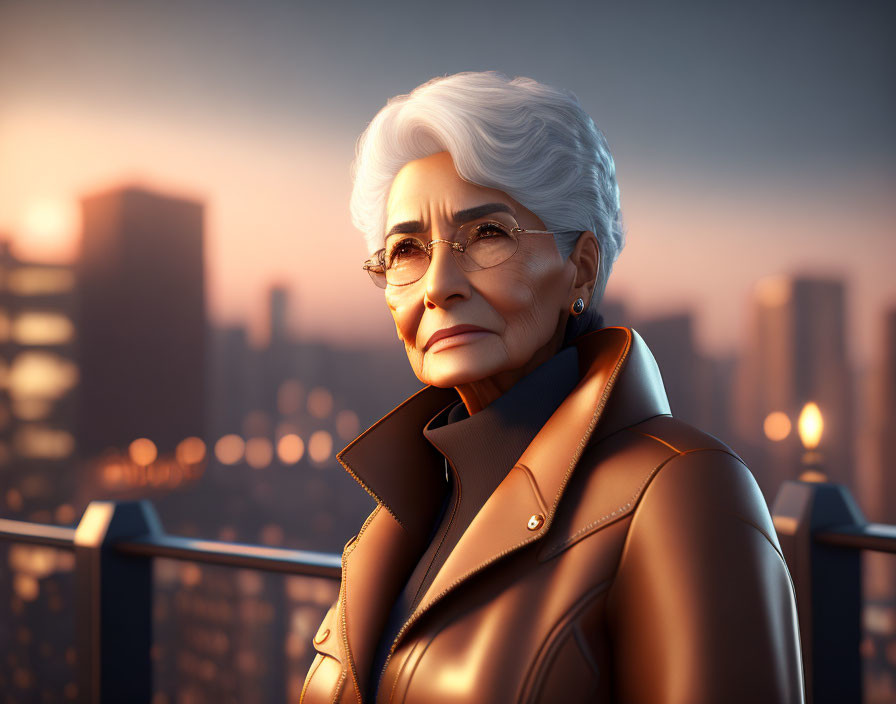 White-Haired Elderly Woman in Glasses Contemplates City Sunset