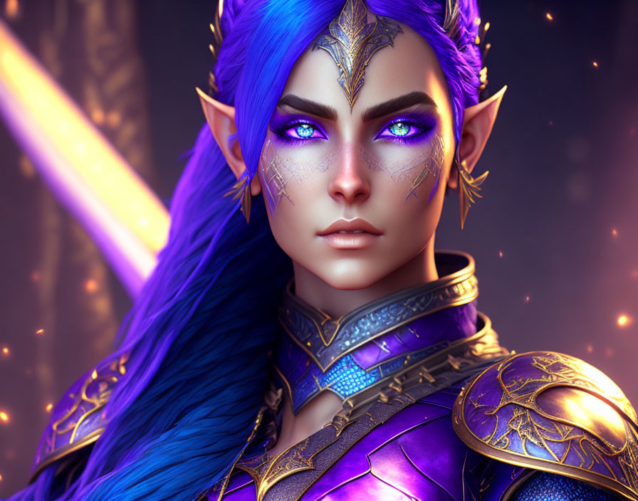 Fantasy character with blue skin, golden armor, purple eyes