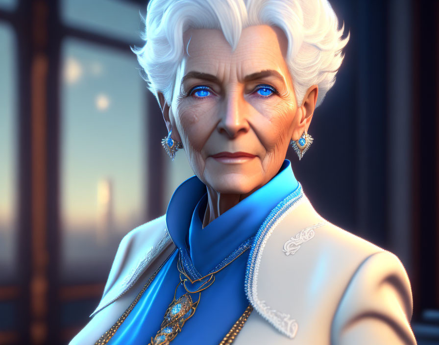 Elderly woman with white hair and blue eyes in blue attire and gold jewelry by window