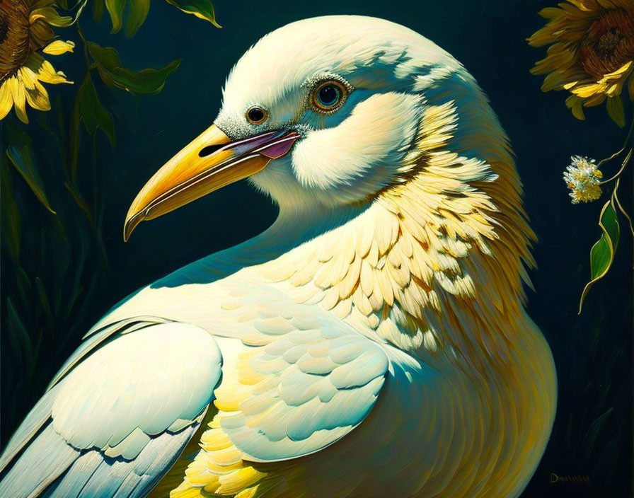 Yellow and White Bird with Large Beak Among Sunflowers on Dark Background