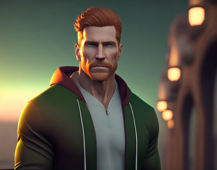 Stylized man with red hair and beard in green hoodie against sunset.