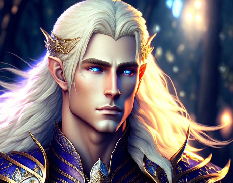 Ethereal elf with blue eyes and golden diadem in enchanted forest