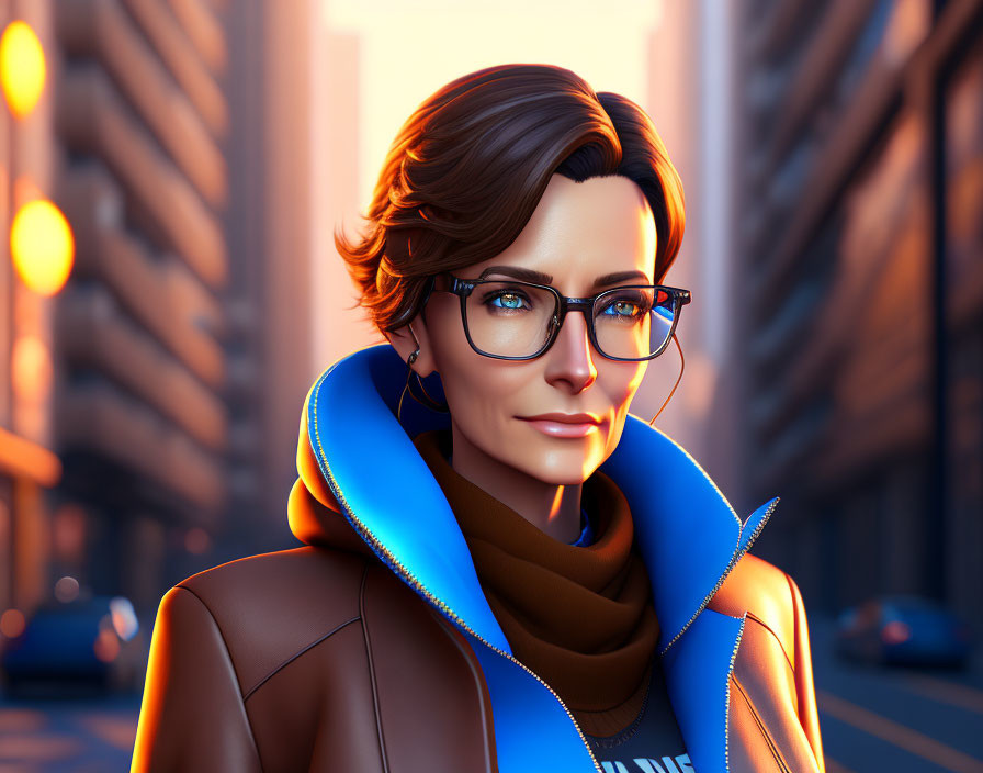 Stylish woman with brown hair and glasses in cityscape at sunset