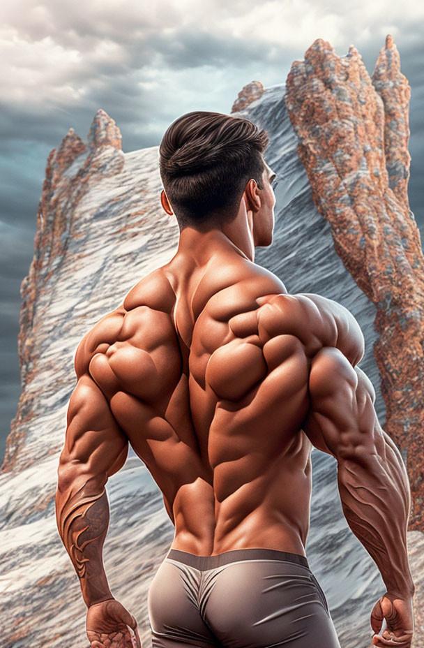 Muscular person with developed muscles against mountain backdrop