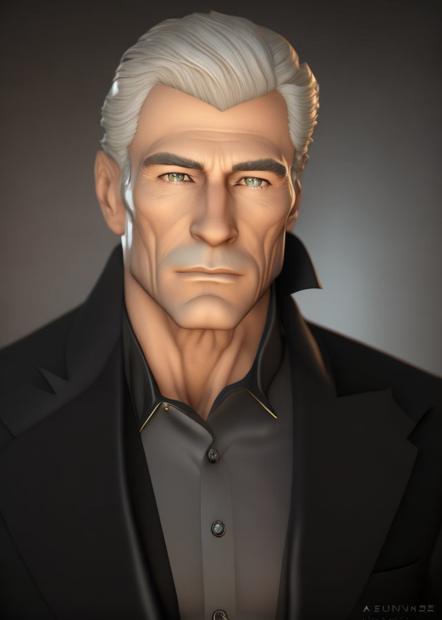 Detailed 3D illustration of an older man with gray hair and serious expression