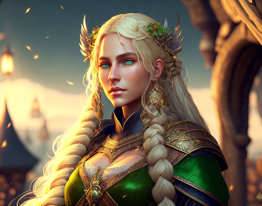 Elf portrait with braided blonde hair and golden crown in fantasy setting