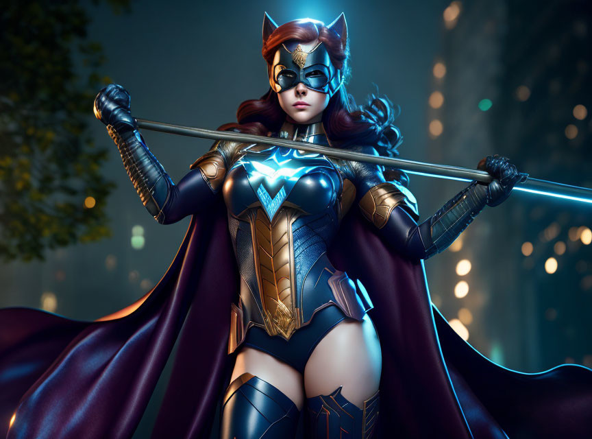 Female superhero with cowl and mask holding staff in blue-and-gold suit in city night scene