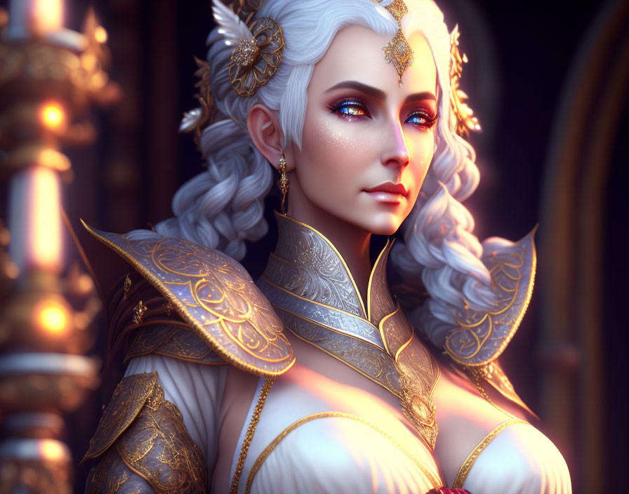 Fantasy character digital art: white hair, gold armor, intricate jewelry