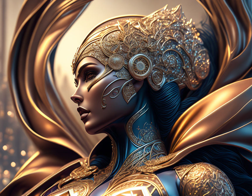 Digital Artwork: Female Figure in Golden Armor and Headdress