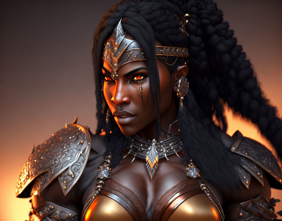 3D-rendered image of fierce warrior woman in metallic armor