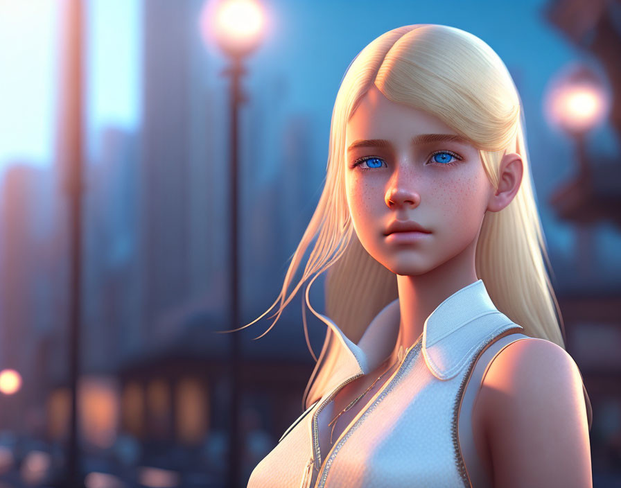 Blonde girl with blue eyes in urban twilight scene