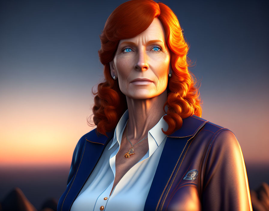 3D-rendered image of woman with red hair and blue eyes in blue suit against sunset