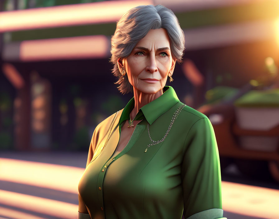 Elderly woman digital art portrait in green blouse and earrings