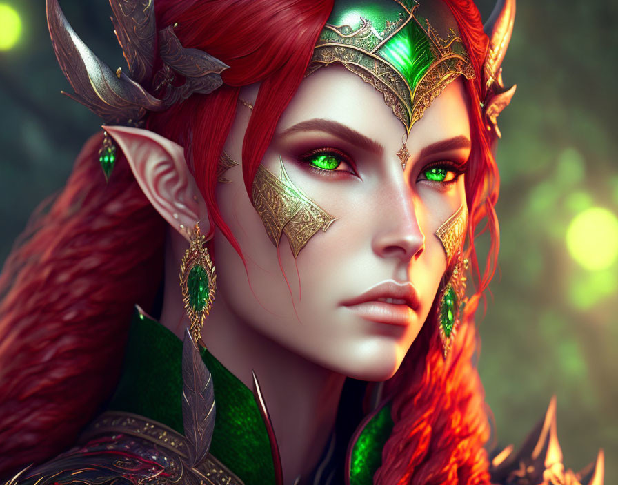 Fantasy character with green eyes, red hair, and ornate armor in mystical setting