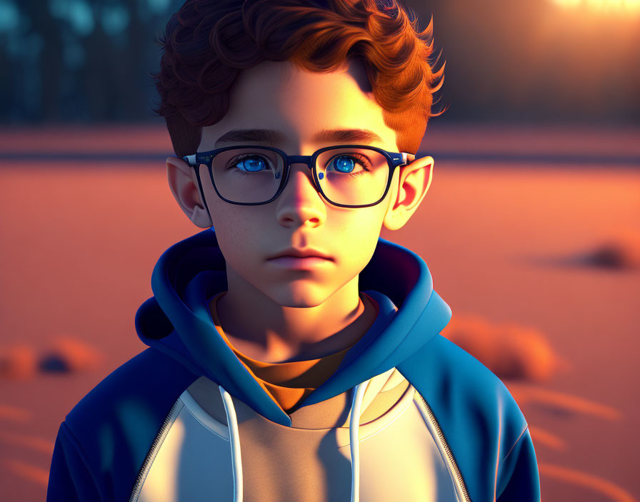 Stylized 3D illustration: Boy with curly hair, glasses, hoodie in sunset-lit