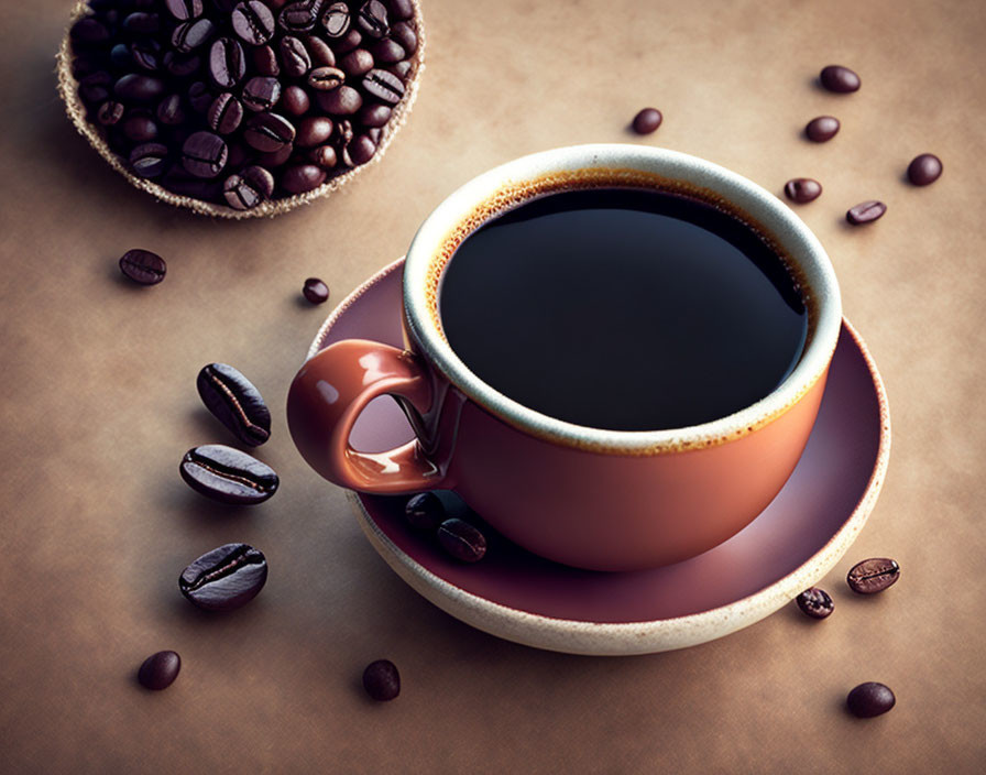 Freshly brewed coffee cup with creamy rim on saucer, surrounded by scattered beans on brown surface