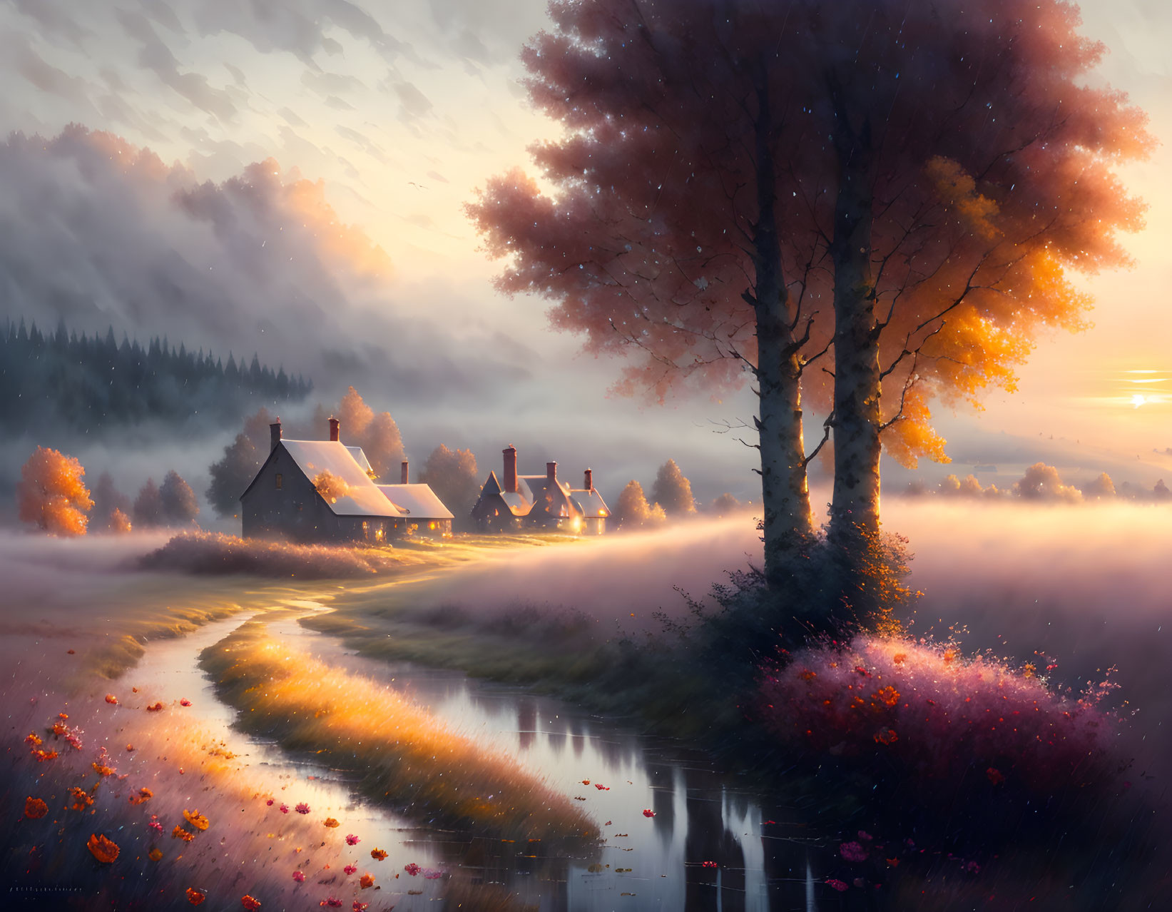 Tranquil sunset landscape with autumn tree, cottages, stream, and flowers