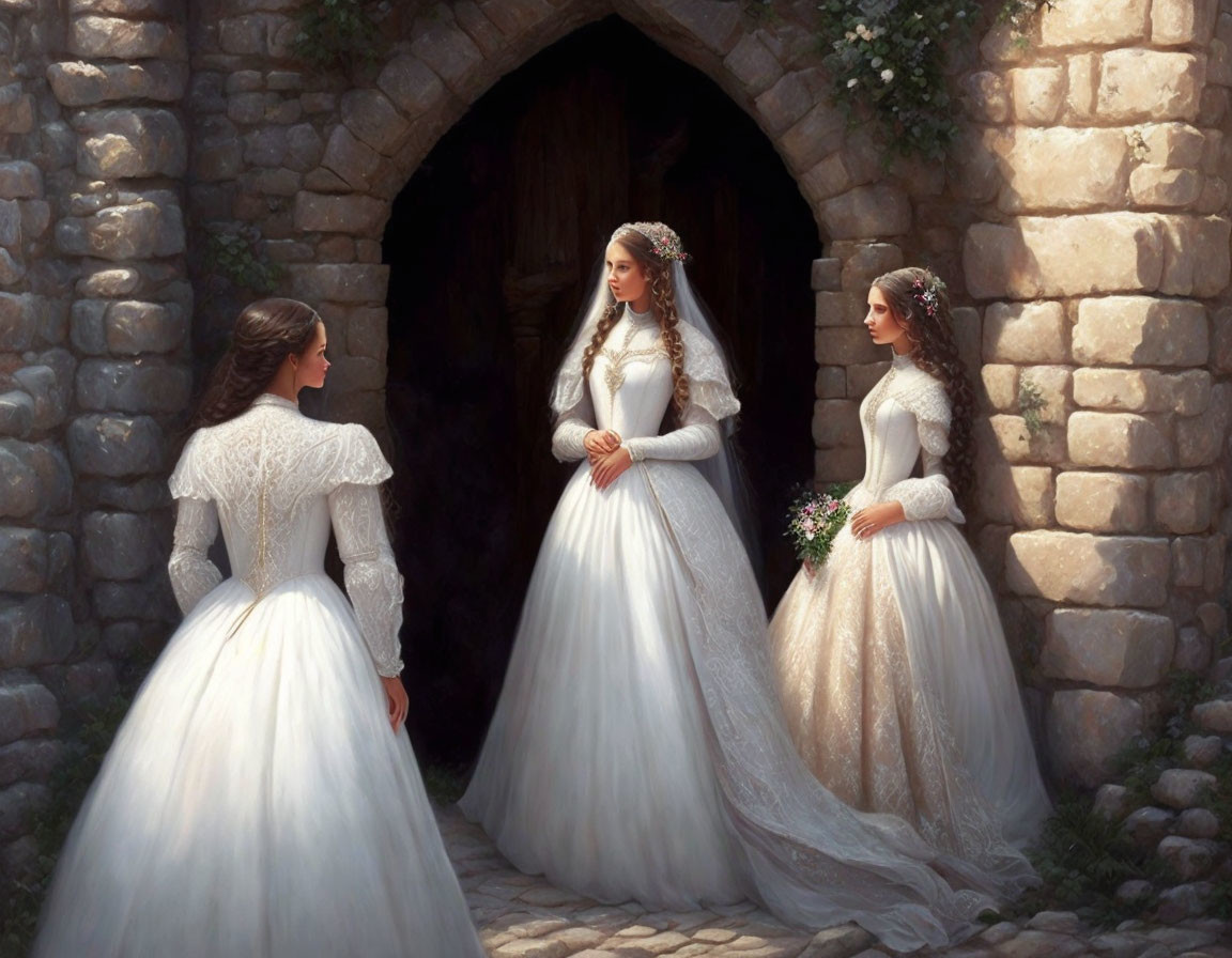 Three women in white gowns and tiaras near stone archway with bouquet.