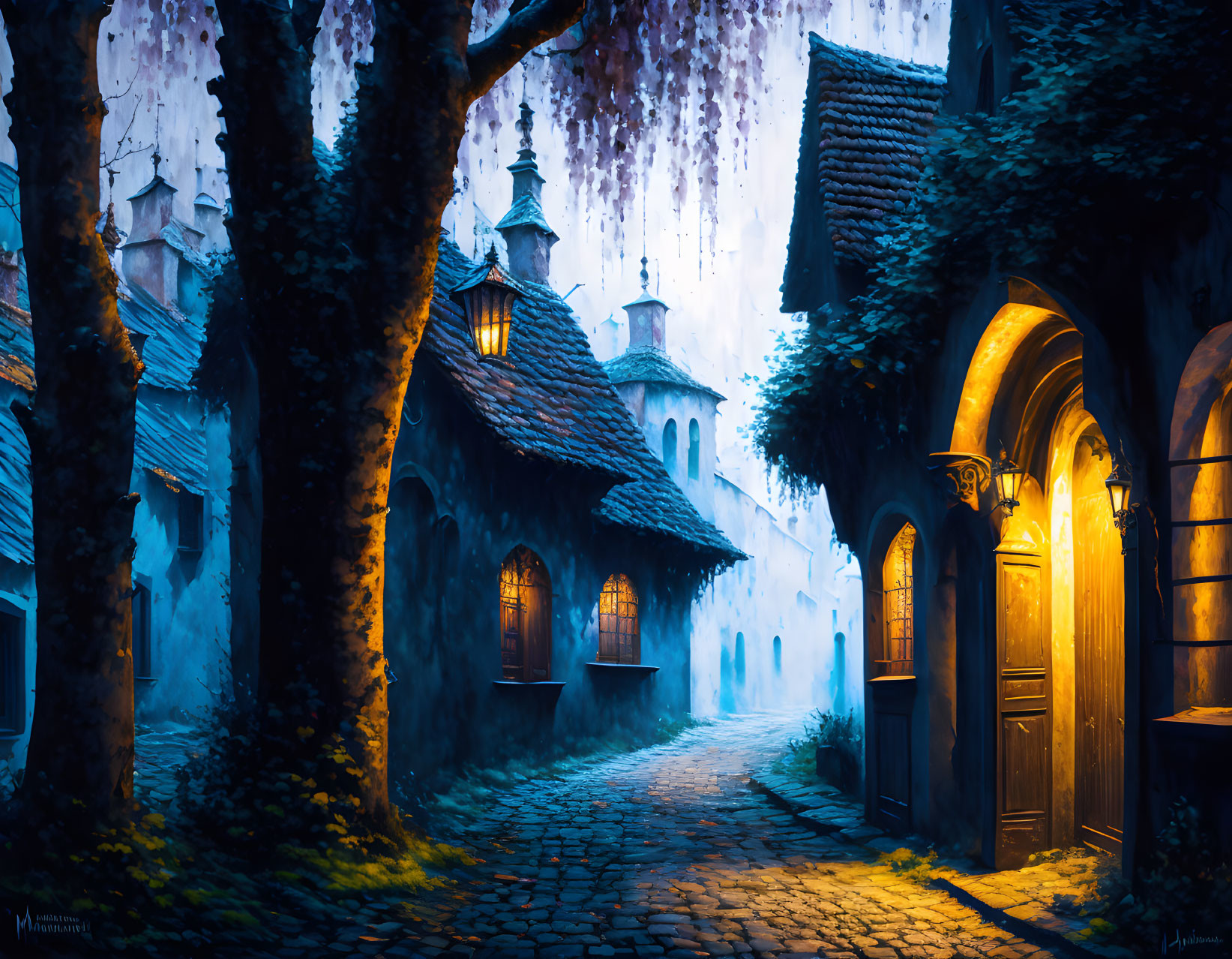 Twilight cobblestone alley with old-world houses and glowing lanterns