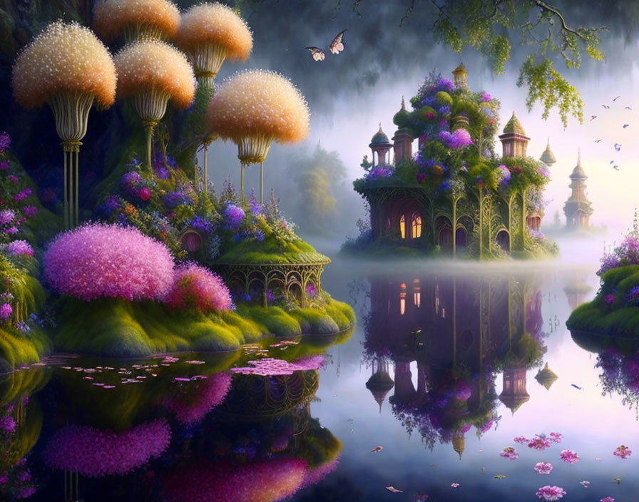 Vibrant landscape with mushroom-shaped trees, floral houses, serene lake, butterfly.