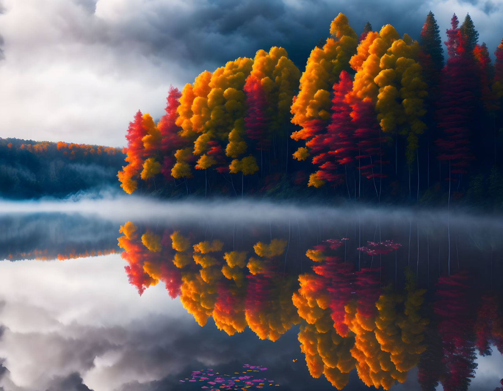 Tranquil lake mirrors autumn forest with vibrant foliage under cloudy sky