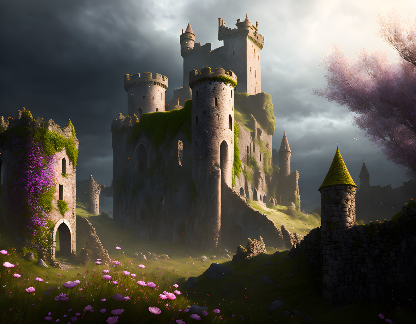 Majestic ancient castle surrounded by lush greenery and purple flowers