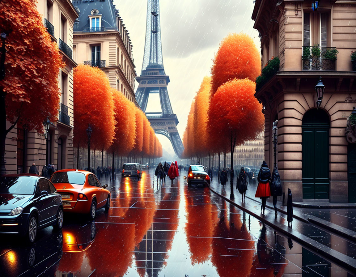 Rain-soaked Paris street scene with pedestrians, cars, orange trees, Eiffel Tower