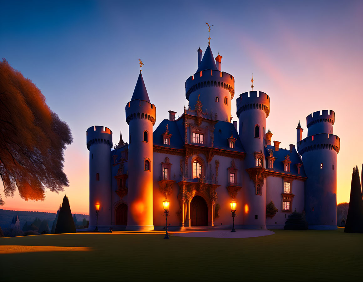 Majestic castle with turrets in warm dusk light and vibrant sunset sky