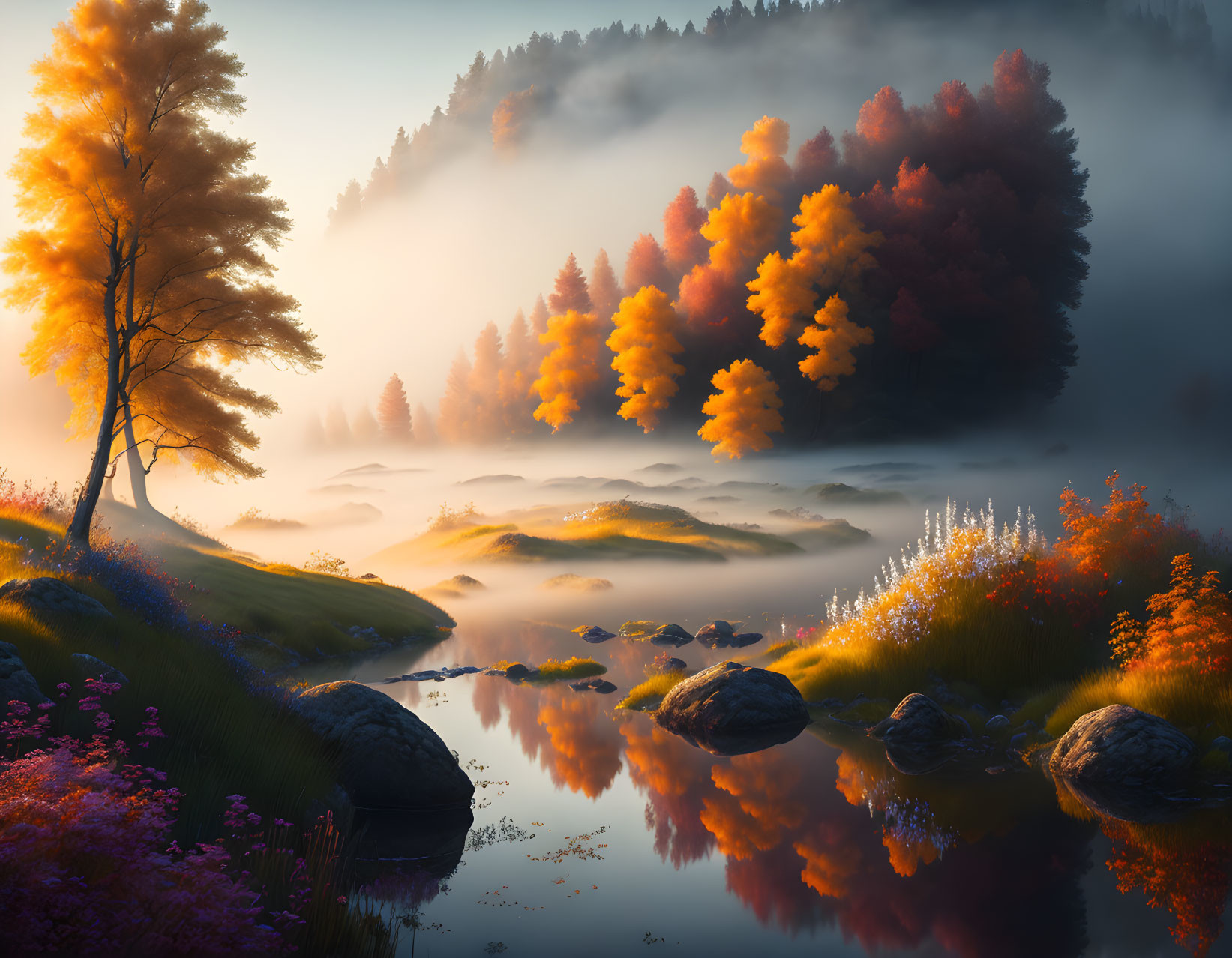 Misty autumn forest with orange trees by calm river at sunrise