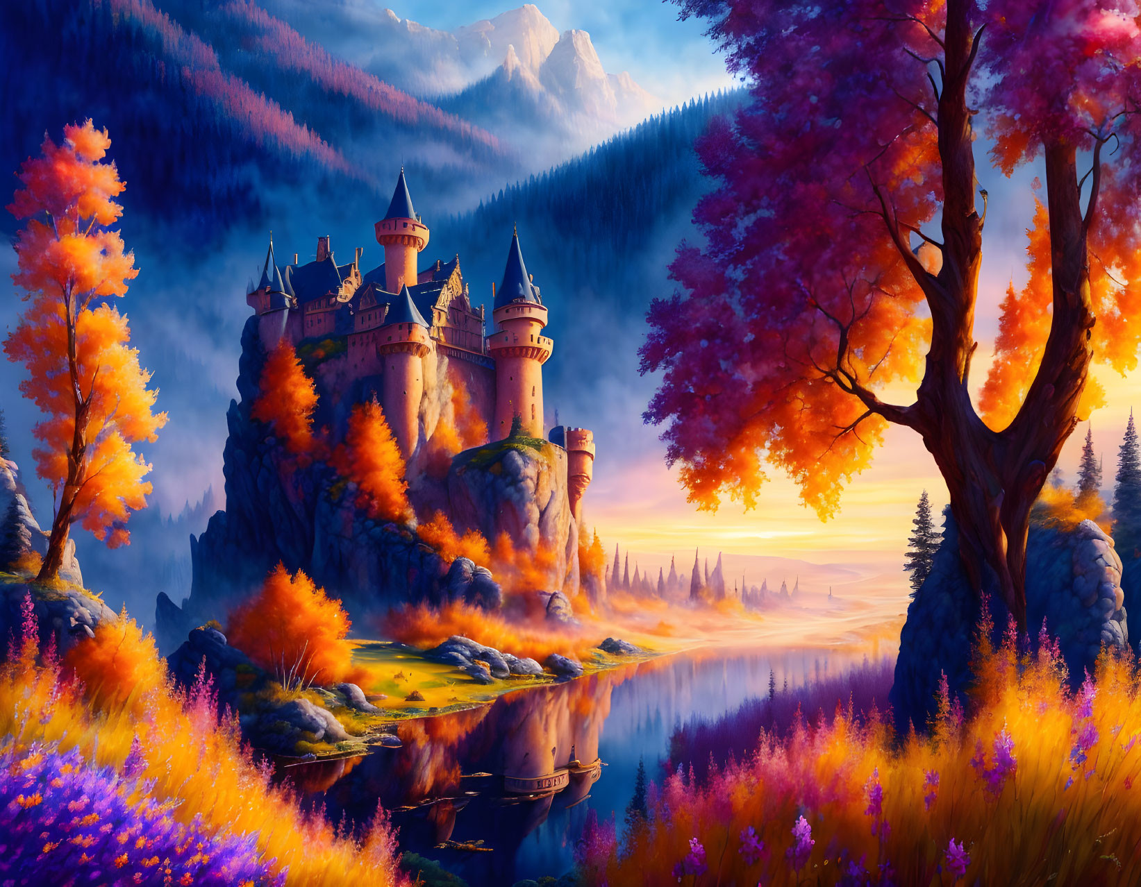 Majestic castle in vibrant fantasy landscape