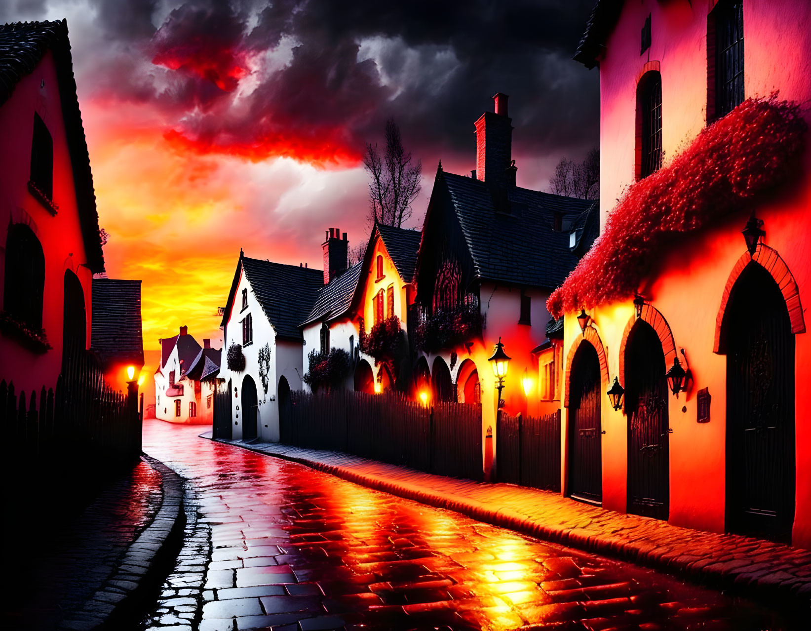 Cobblestone Street with Quaint Houses at Dusk