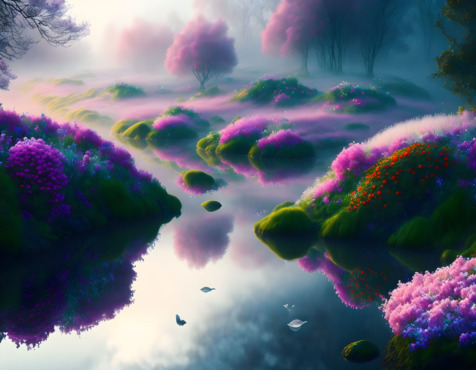 Tranquil landscape with vibrant purple and pink foliage and misty atmosphere