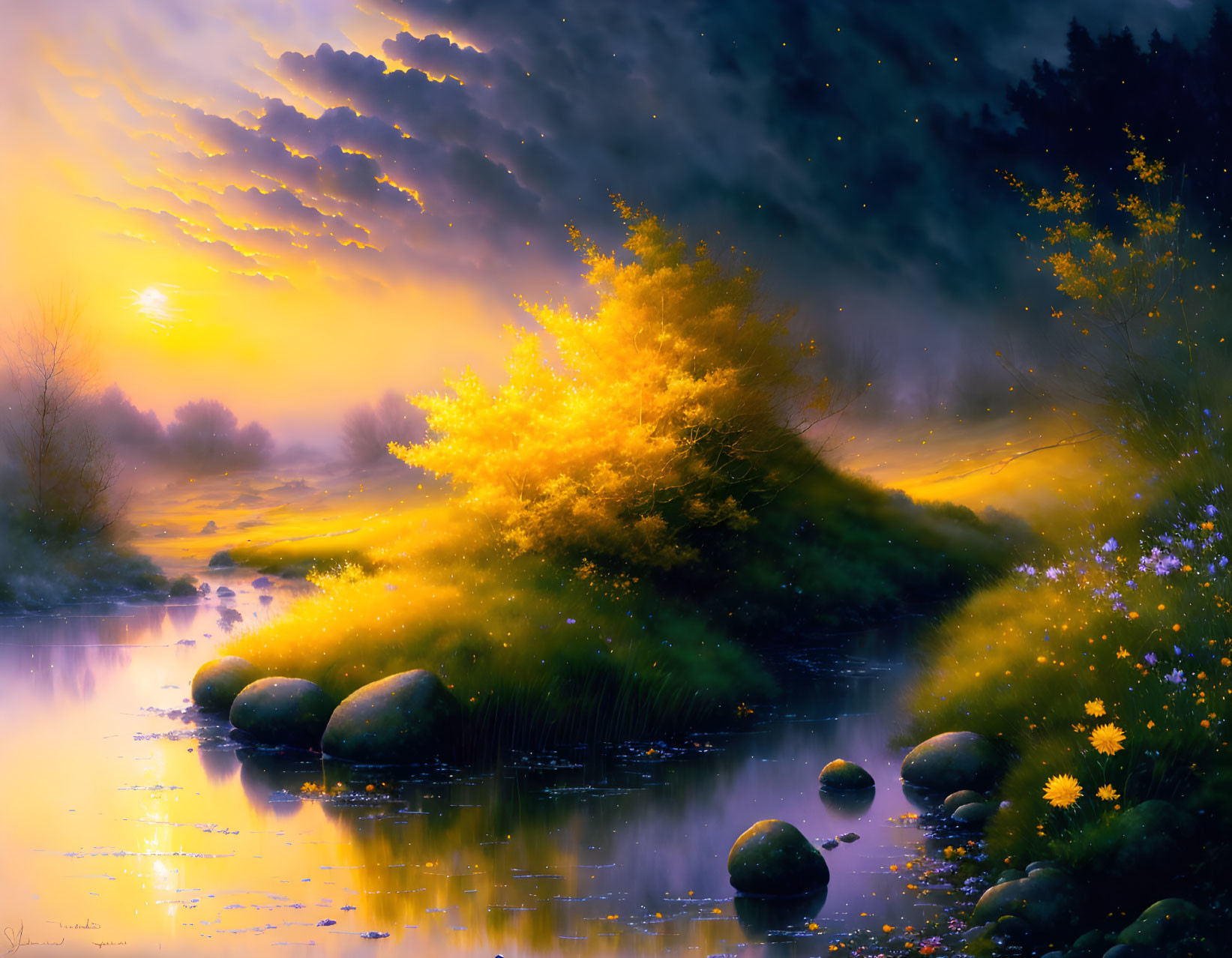 Serene river sunset with yellow foliage and rocks