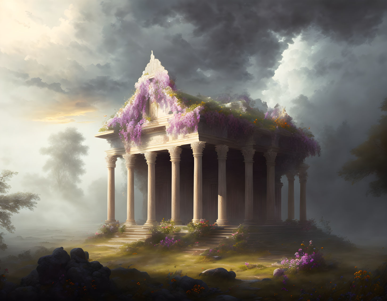 Ancient temple with purple flower entwined columns in misty landscape