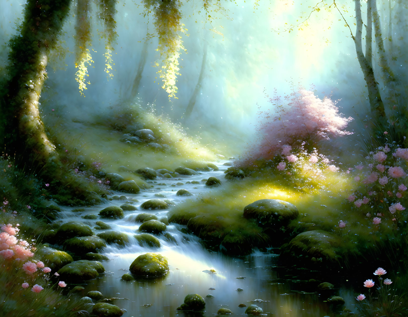 Tranquil Fantasy Forest with Sunlight, Stream, Flowers, and Mossy Stones