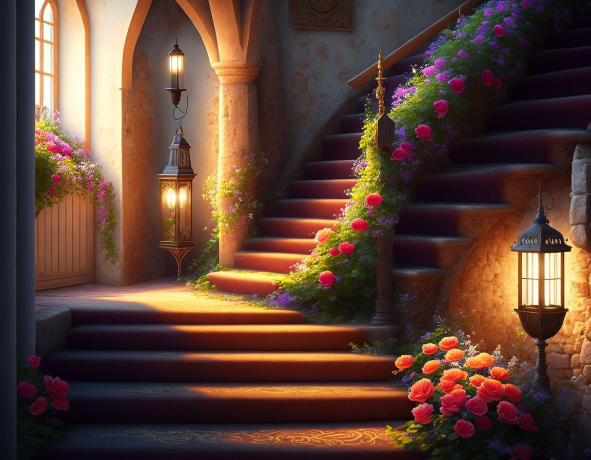 Stone staircase with pink flowers and lanterns creating magical ambiance