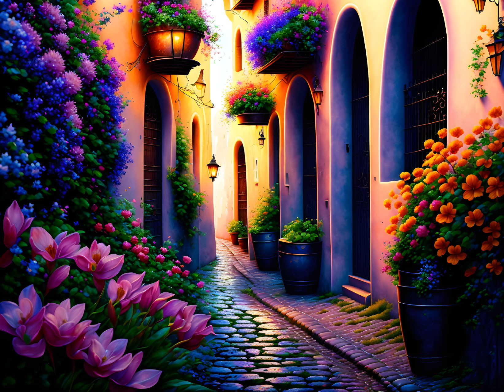 Colorful Flower-Filled Alleyway with Lanterns