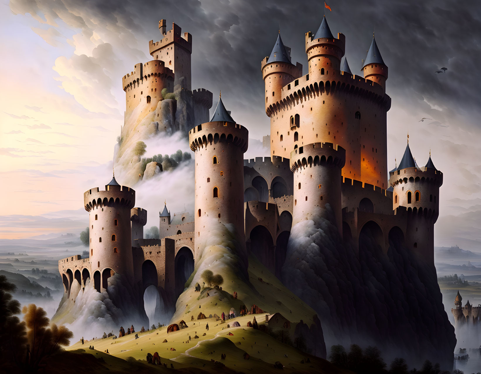 Majestic castle with towers and turrets in dramatic dusk setting