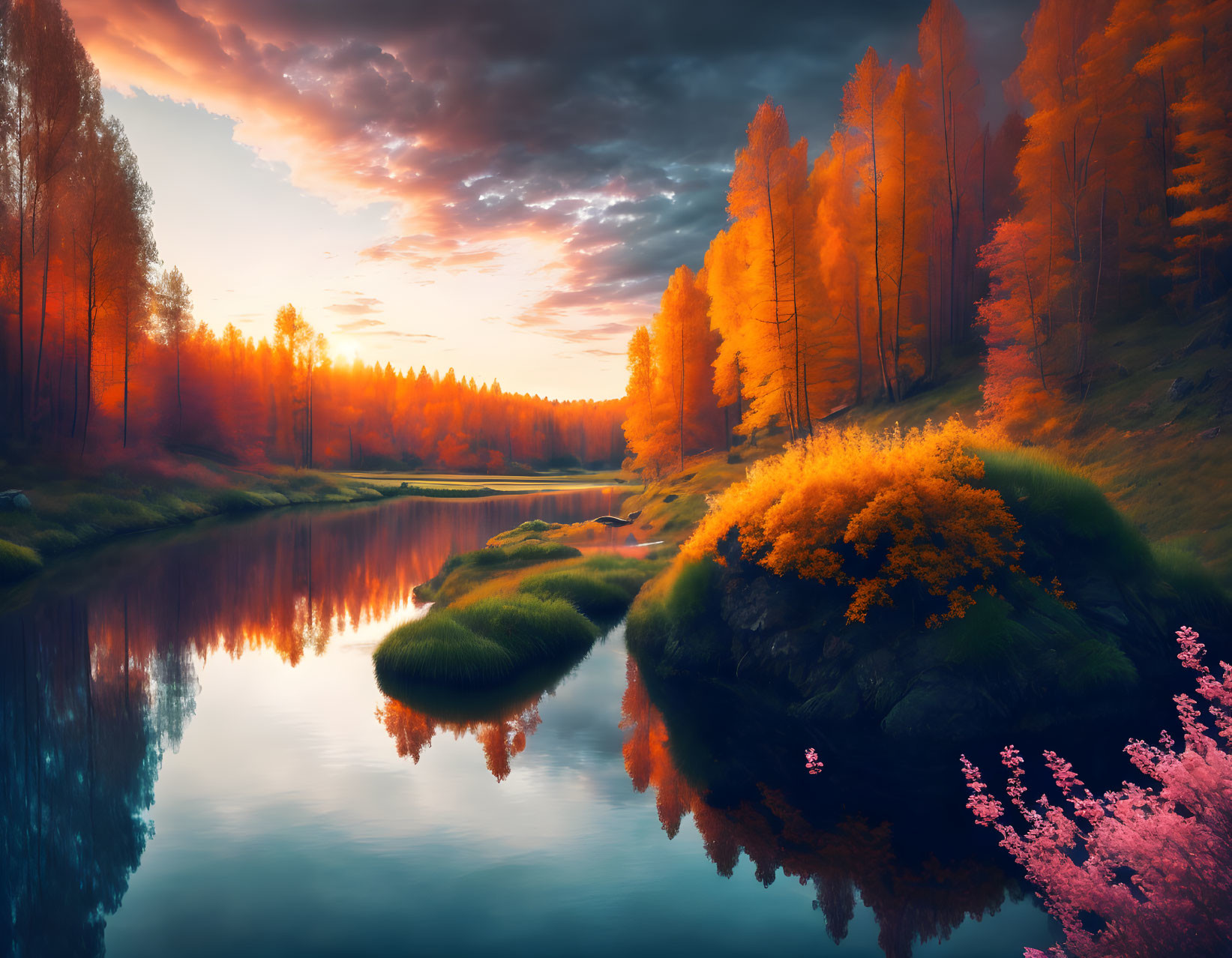 Scenic sunset over river with autumn trees & green grass