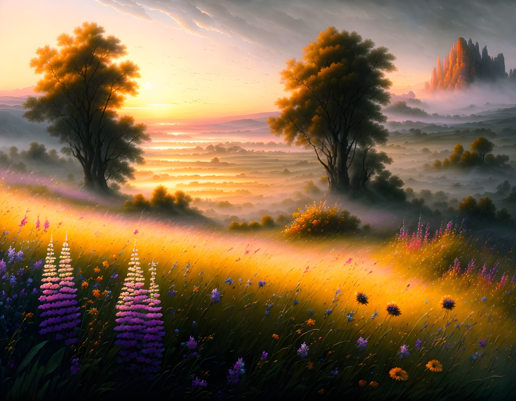 Misty sunrise landscape with wildflowers and silhouetted trees