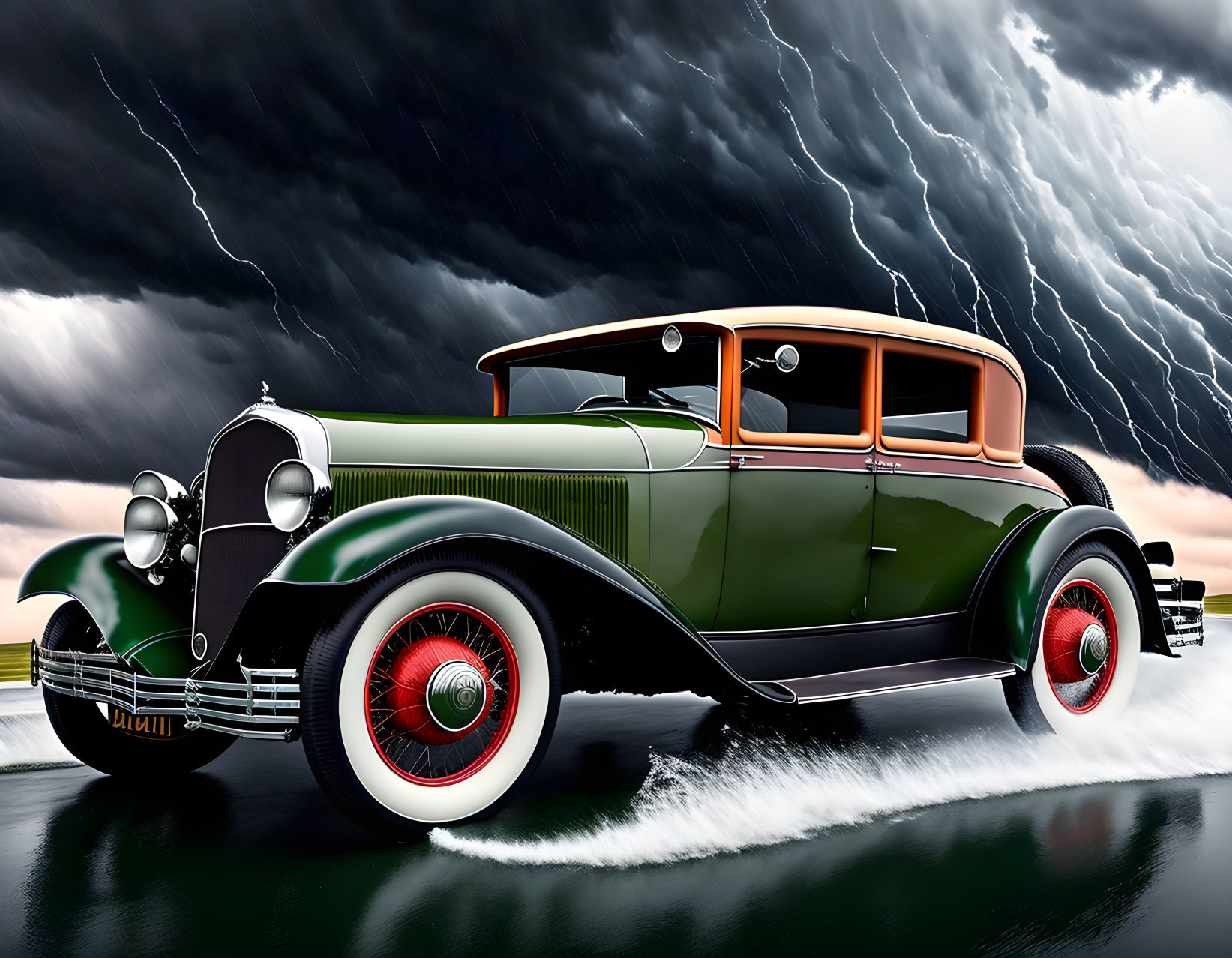 Vintage Green Car with Red Wheels Under Stormy Sky and Lightning