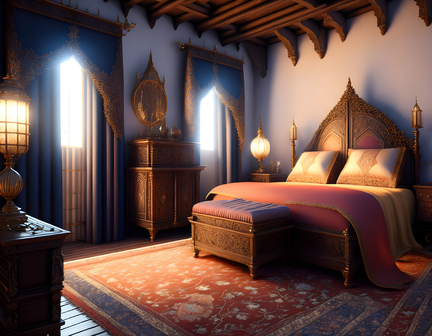 Luxurious Medieval-Style Bedroom with Grand Bed and Ornate Wooden Furniture