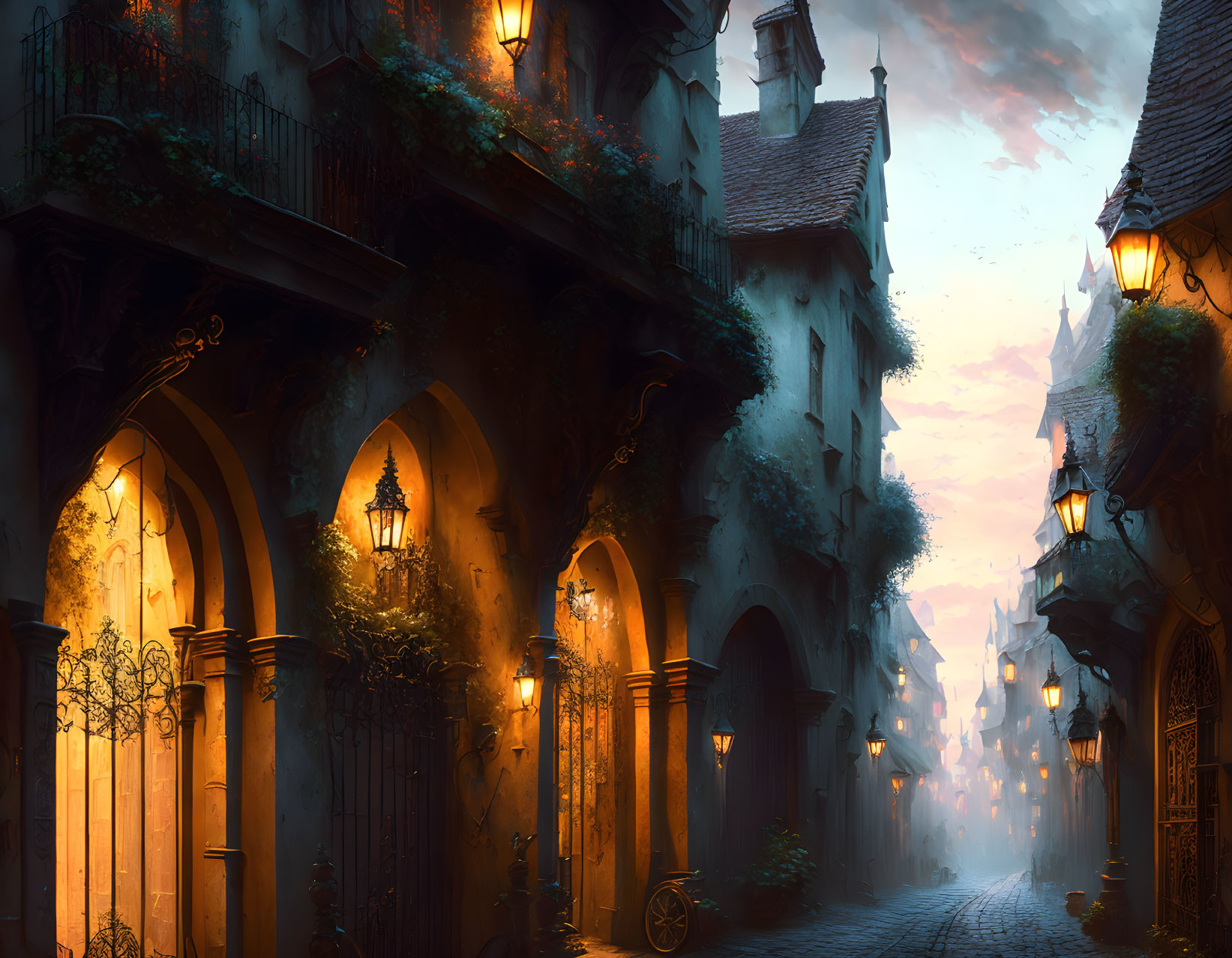 Medieval town cobblestone street at dusk with lanterns and foggy ambiance