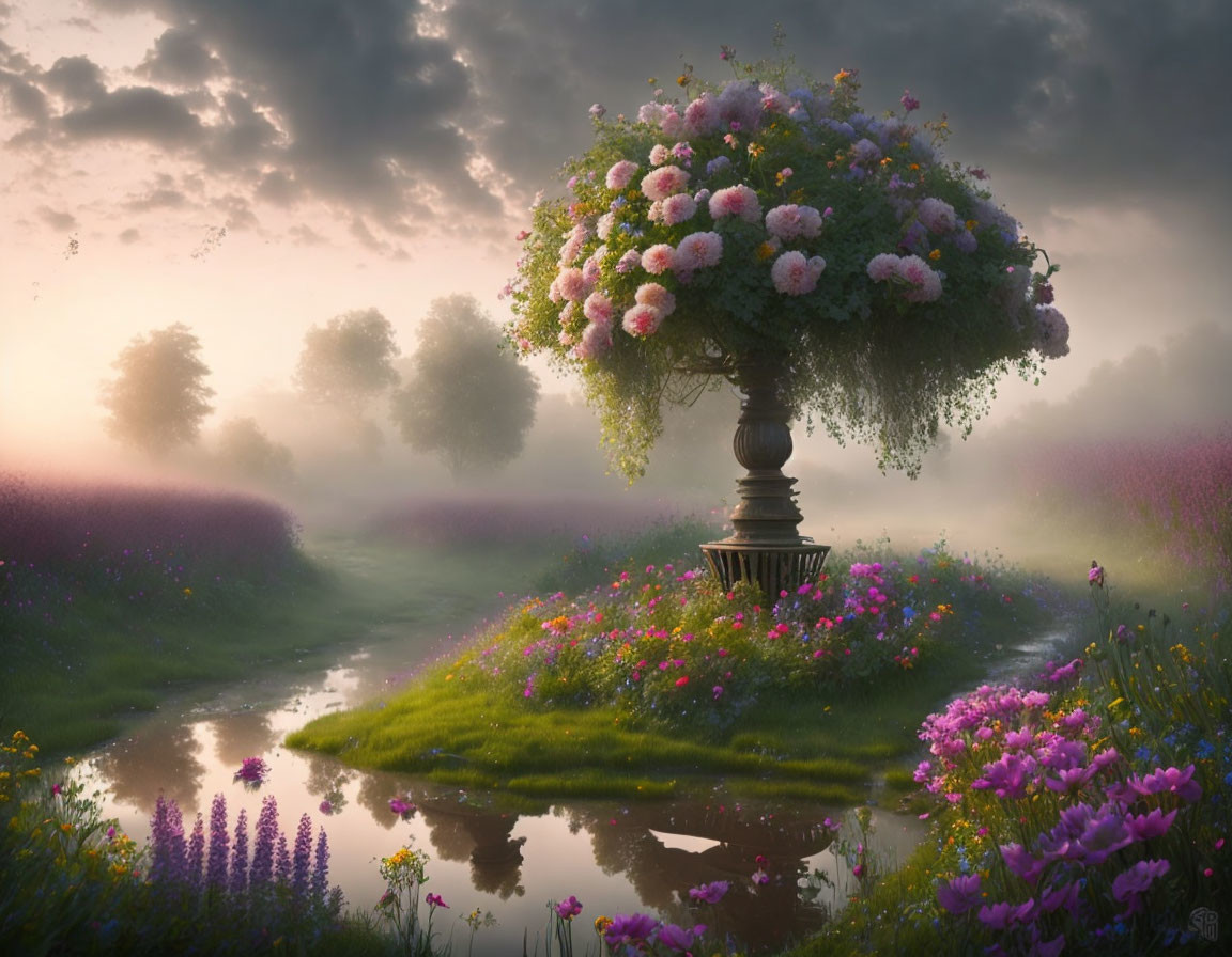 Tranquil landscape with flower-adorned urn in misty meadow